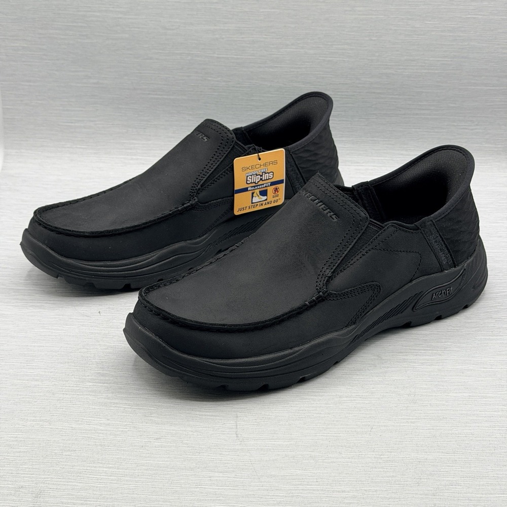 Skechers Slip Ins Men's 11.5 Wide Loafers Black Leather Shoes Arch Fit 205204